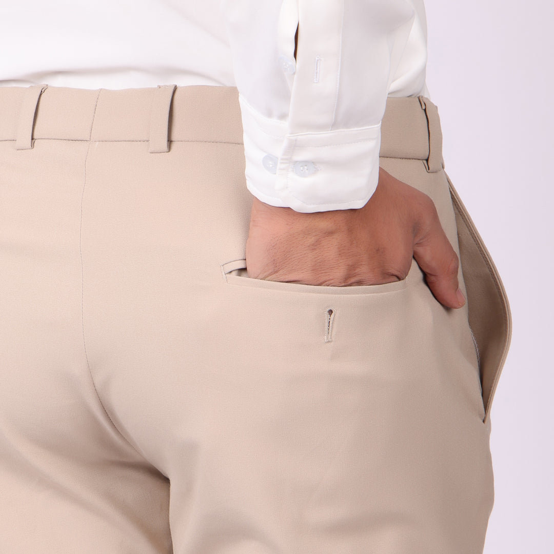 Essential Light Khaki Formal Pants – Slim Fit, Four-Way Stretch with Extension Waistband