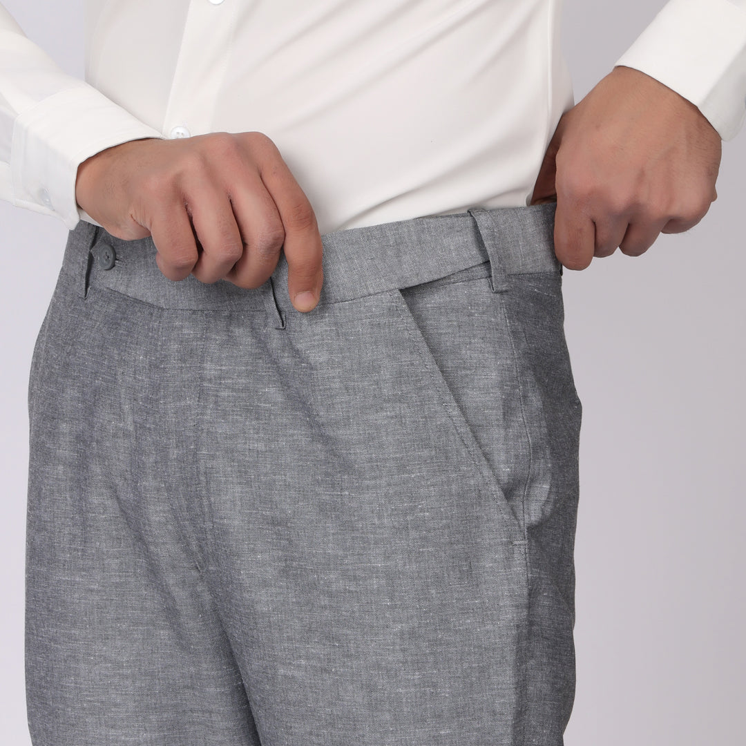 Grey Linen Formal Pants – Slim Fit, Light Stretch with Extension Waistband