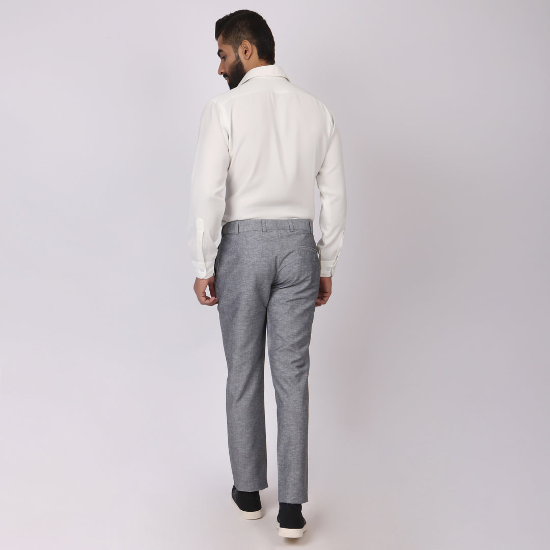 Grey Linen Formal Pants – Slim Fit, Light Stretch with Extension Waistband