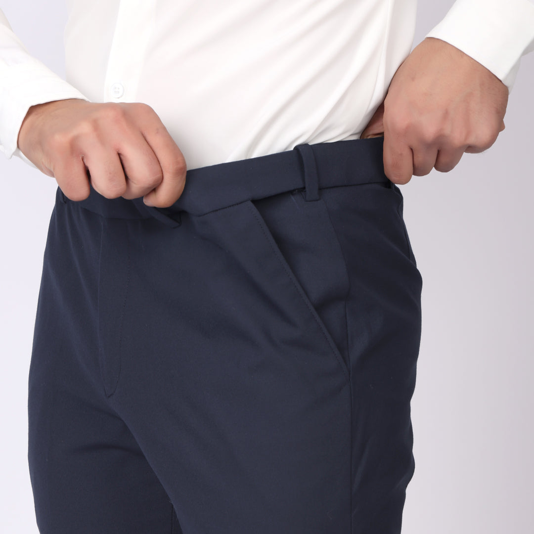 Essential Deep Blue Formal Pants – Slim Fit, Four-Way Stretch with Extension Waistband