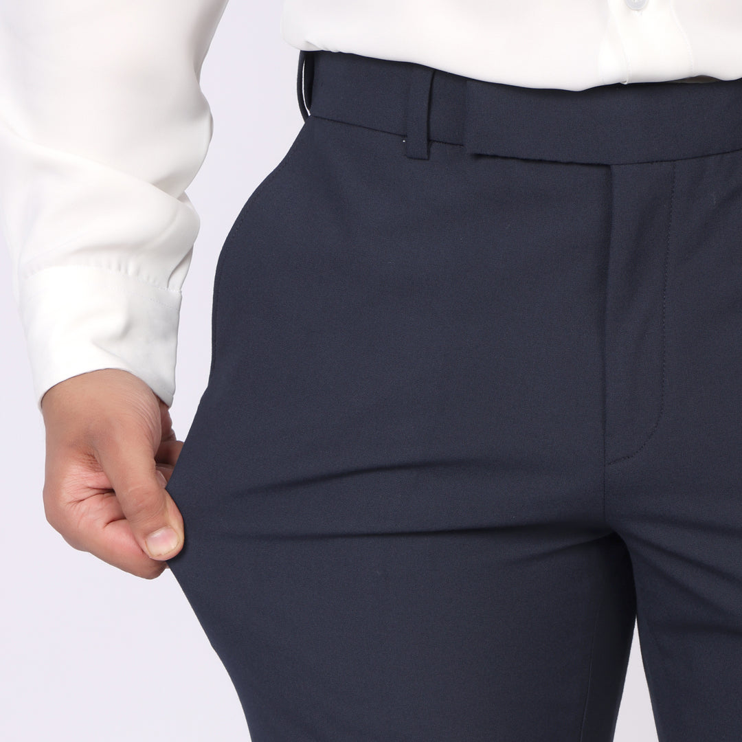 Essential Deep Blue Formal Pants – Slim Fit, Four-Way Stretch with Extension Waistband