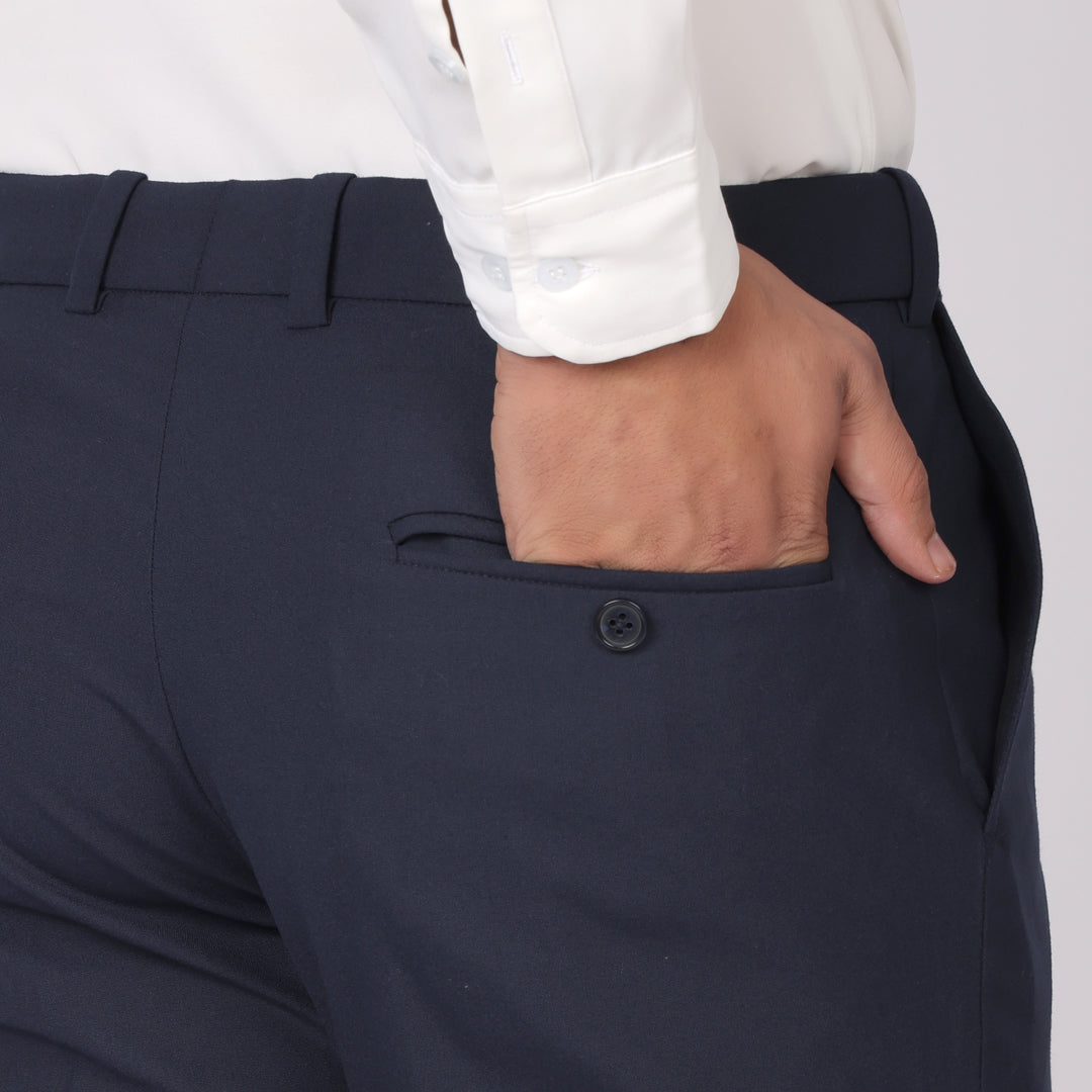 Essential Deep Blue Formal Pants – Slim Fit, Four-Way Stretch with Extension Waistband