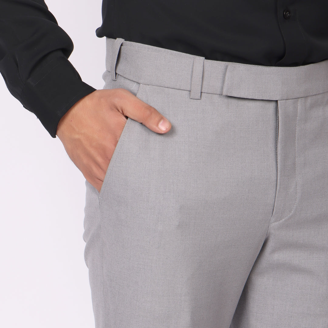 Essential Smoke Grey Formal Pants – Slim Fit, Four-Way Stretch with Extension Waistband