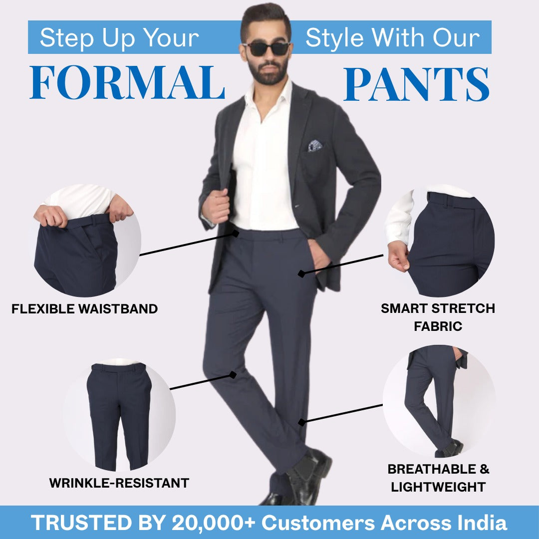 Essential Deep Blue Formal Pants – Slim Fit, Four-Way Stretch with Extension Waistband