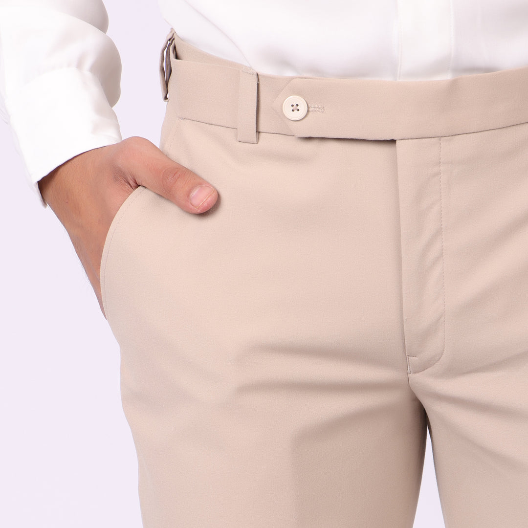 Essential Light Khaki Formal Pants – Slim Fit, Four-Way Stretch with Extension Waistband