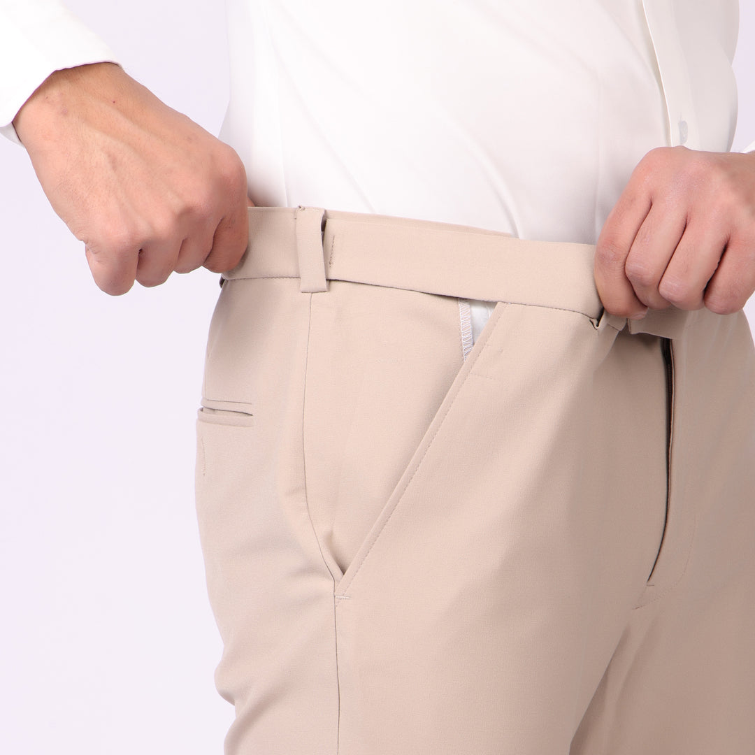 Essential Light Khaki Formal Pants – Slim Fit, Four-Way Stretch with Extension Waistband