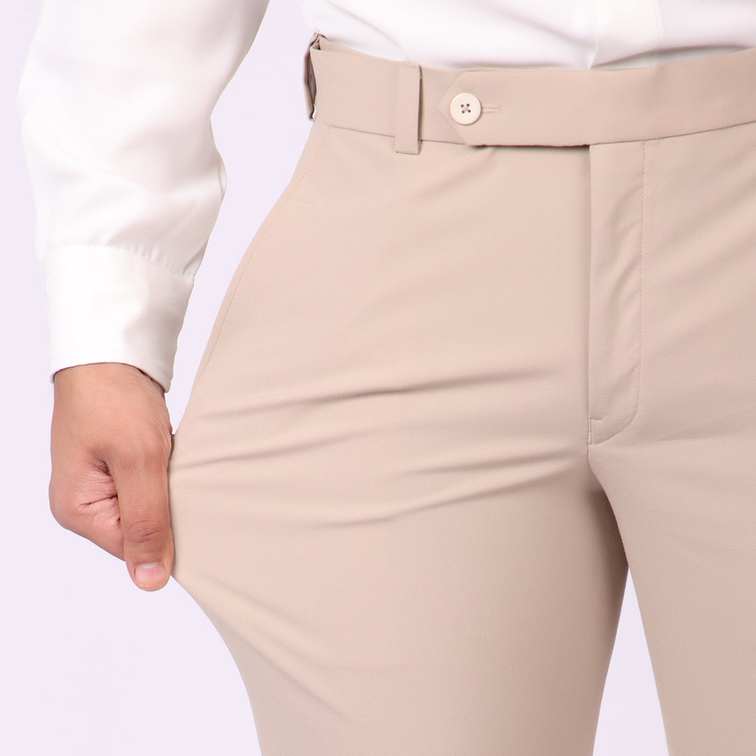 Essential Light Khaki Formal Pants – Slim Fit, Four-Way Stretch with Extension Waistband