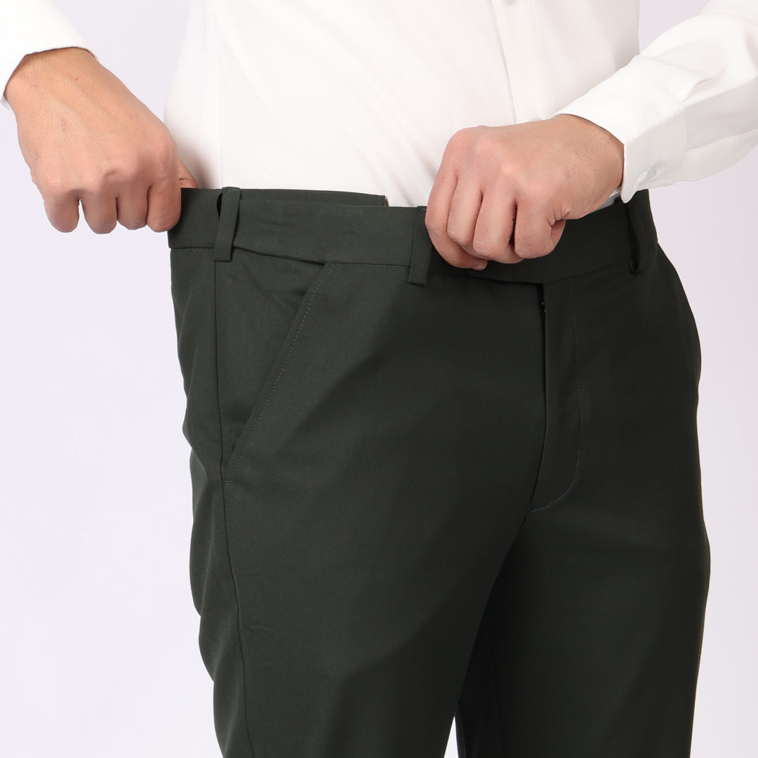 Dark Green Formal Pants – Slim Fit, Four-Way Stretch with Extension Waistband