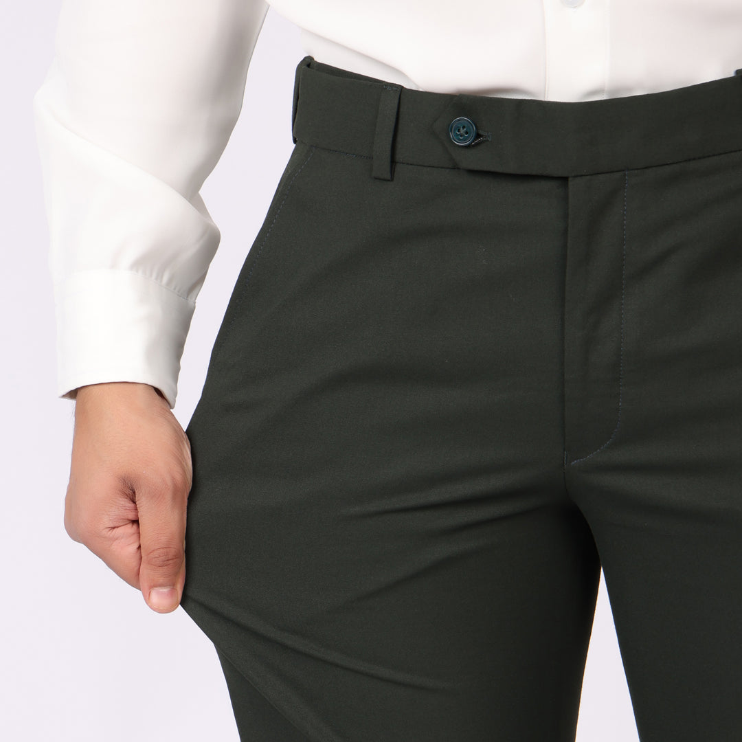 Dark Green Formal Pants – Slim Fit, Four-Way Stretch with Extension Waistband