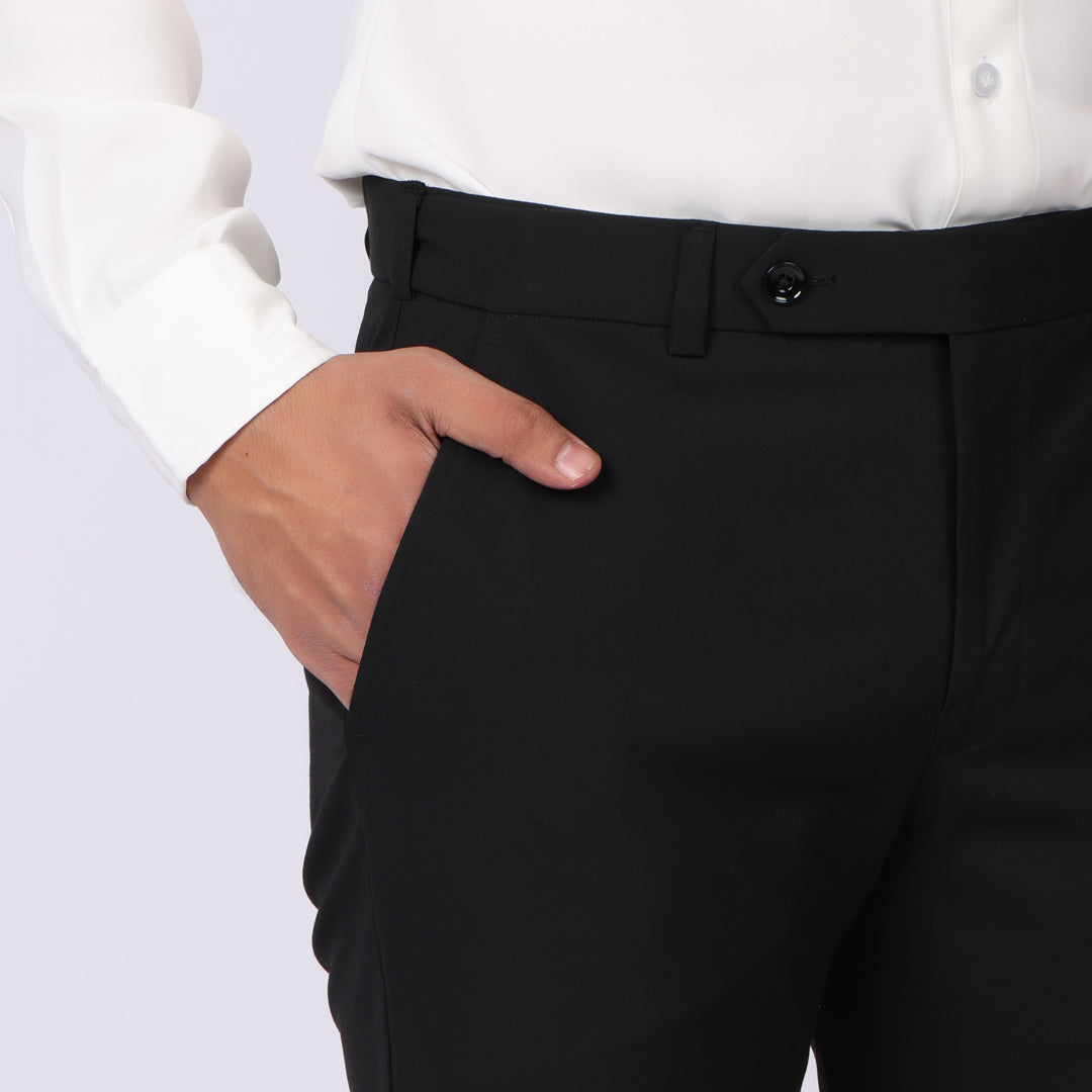 Ebony Black Formal Pants –Slim Fit, Four-Way Stretch with Extension Waistband