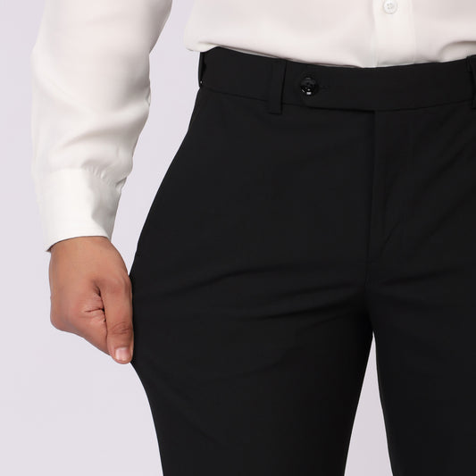 Ebony Black Formal Pants –Slim Fit, Four-Way Stretch with Extension Waistband