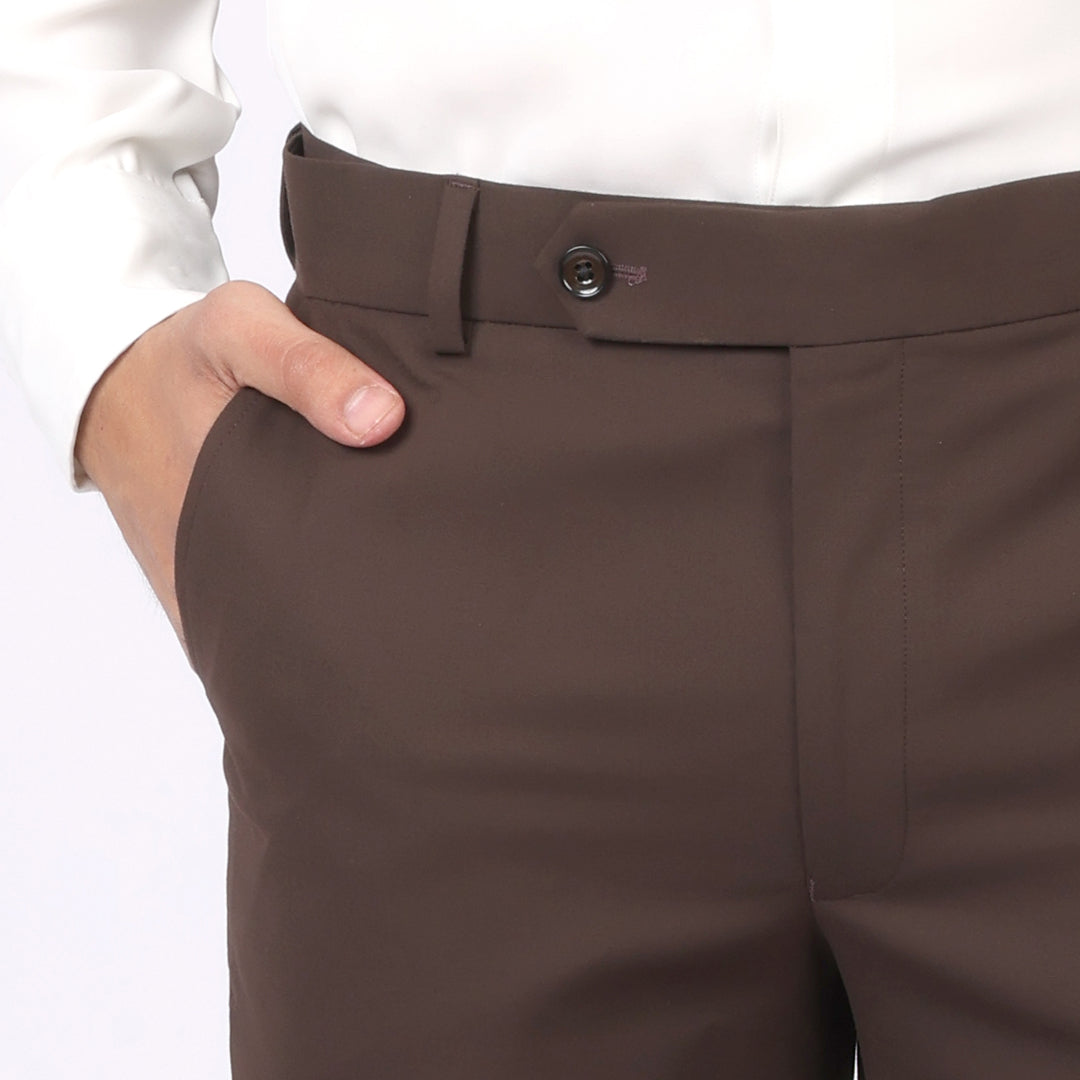 Classic Brown Formal Pants –Slim Fit, Four-Way Stretch with Extension Waistband