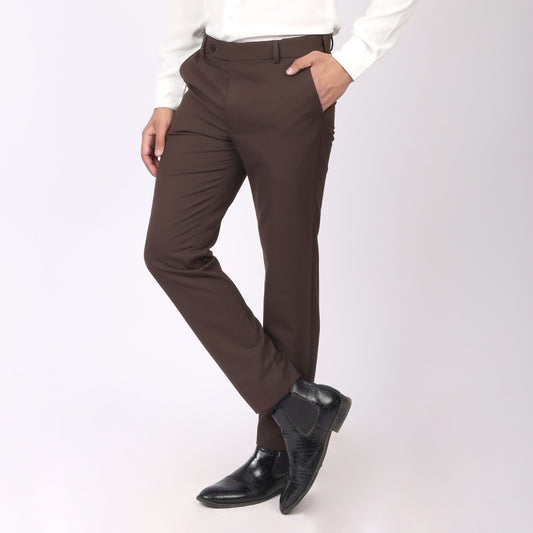 Classic Brown Formal Pants –Slim Fit, Four-Way Stretch with Extension Waistband