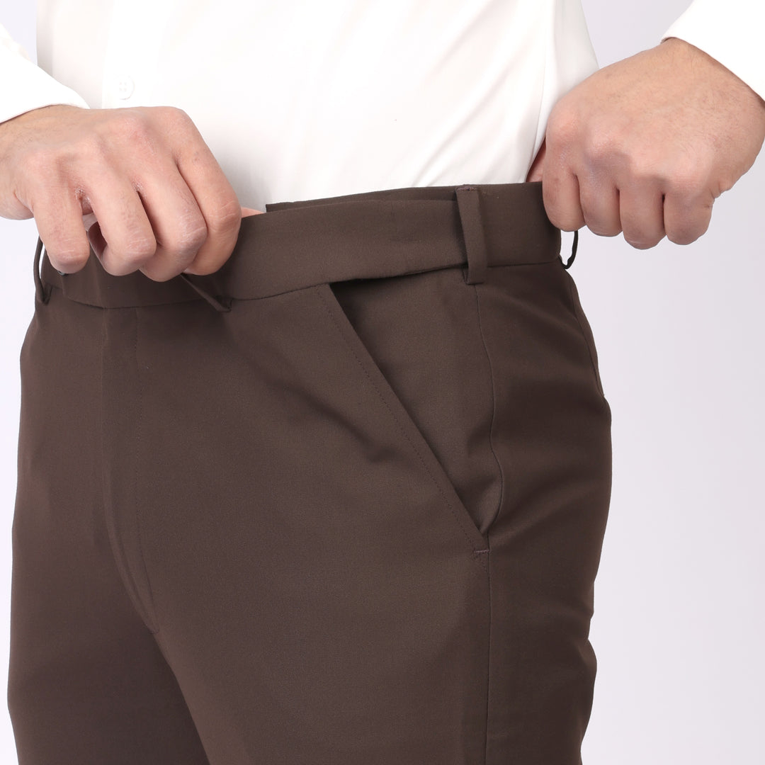 Classic Brown Formal Pants –Slim Fit, Four-Way Stretch with Extension Waistband
