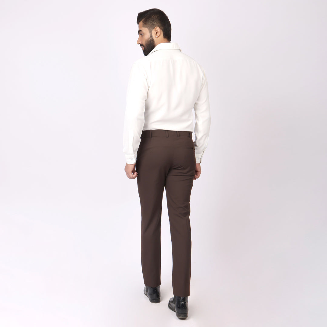 Classic Brown Formal Pants –Slim Fit, Four-Way Stretch with Extension Waistband