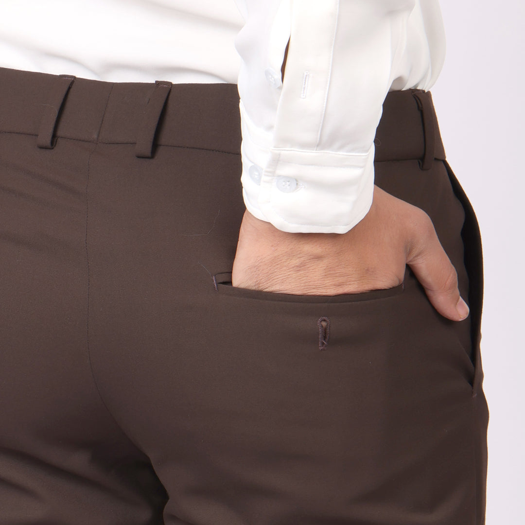 Classic Brown Formal Pants –Slim Fit, Four-Way Stretch with Extension Waistband