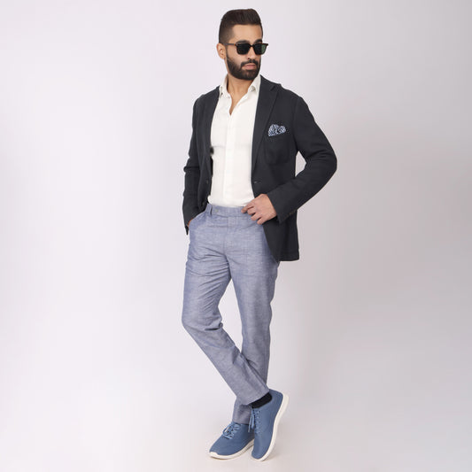 Summer Blue Linen Formal Pants – Slim Fit, Light Stretch with Extension Waistband