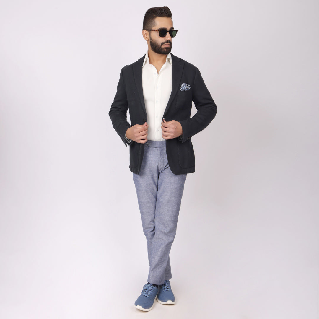Summer Blue Linen Formal Pants – Slim Fit, Light Stretch with Extension Waistband
