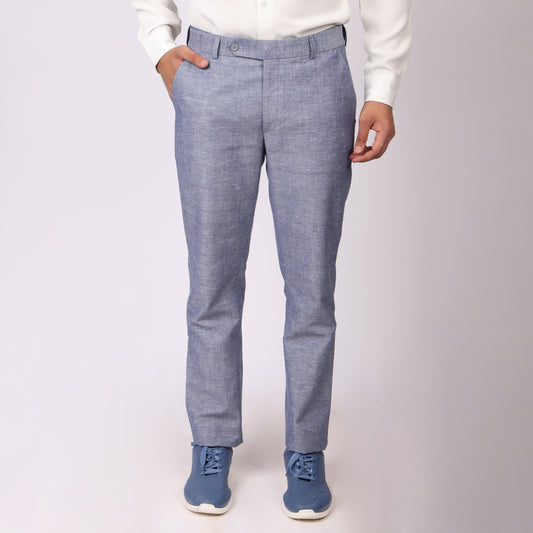 Summer Blue Linen Formal Pants – Slim Fit, Light Stretch with Extension Waistband