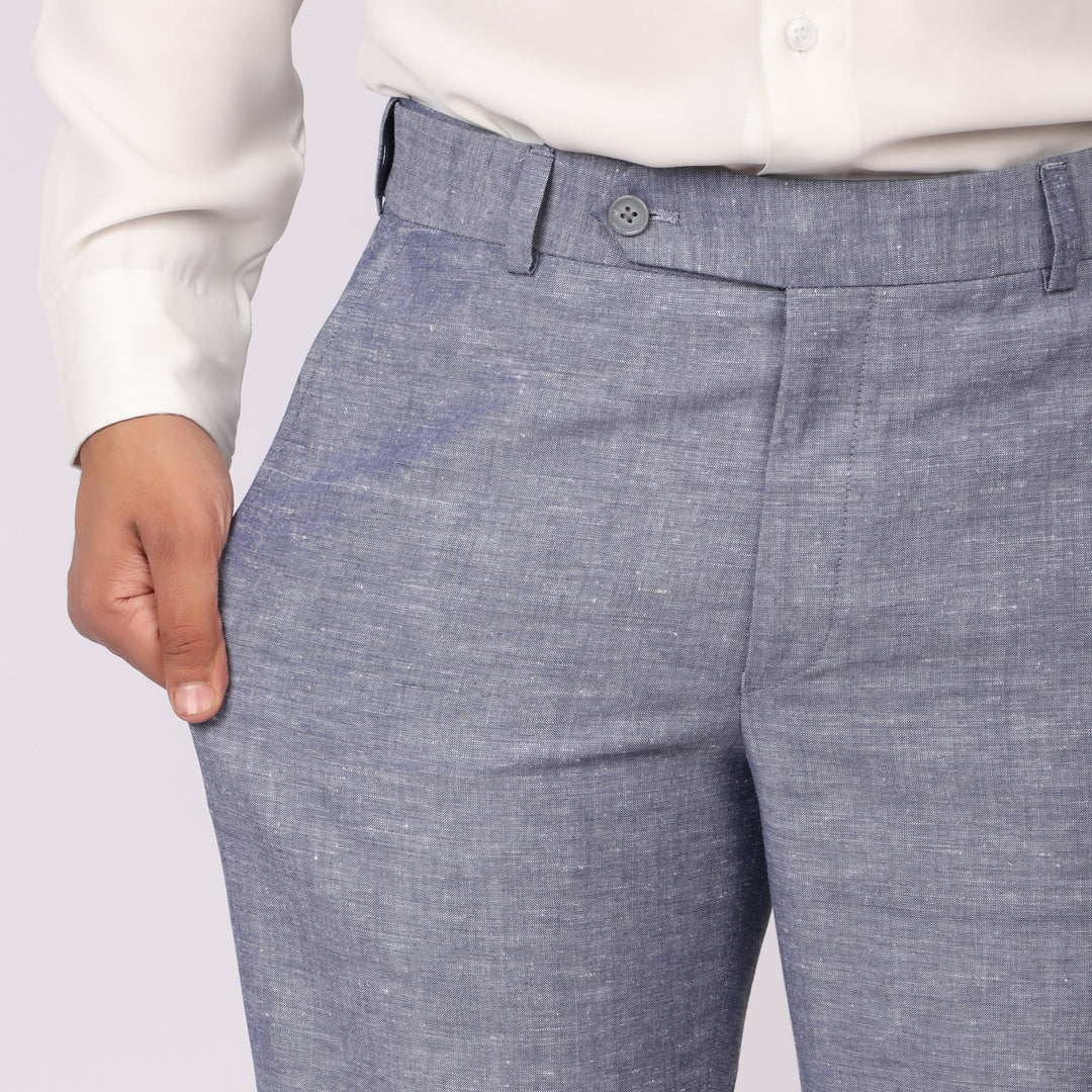 Summer Blue Linen Formal Pants – Slim Fit, Light Stretch with Extension Waistband
