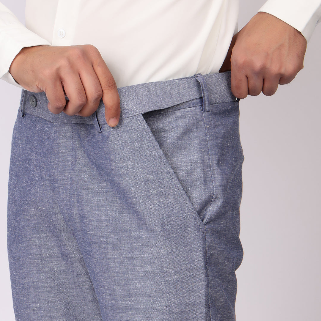 Summer Blue Linen Formal Pants – Slim Fit, Light Stretch with Extension Waistband