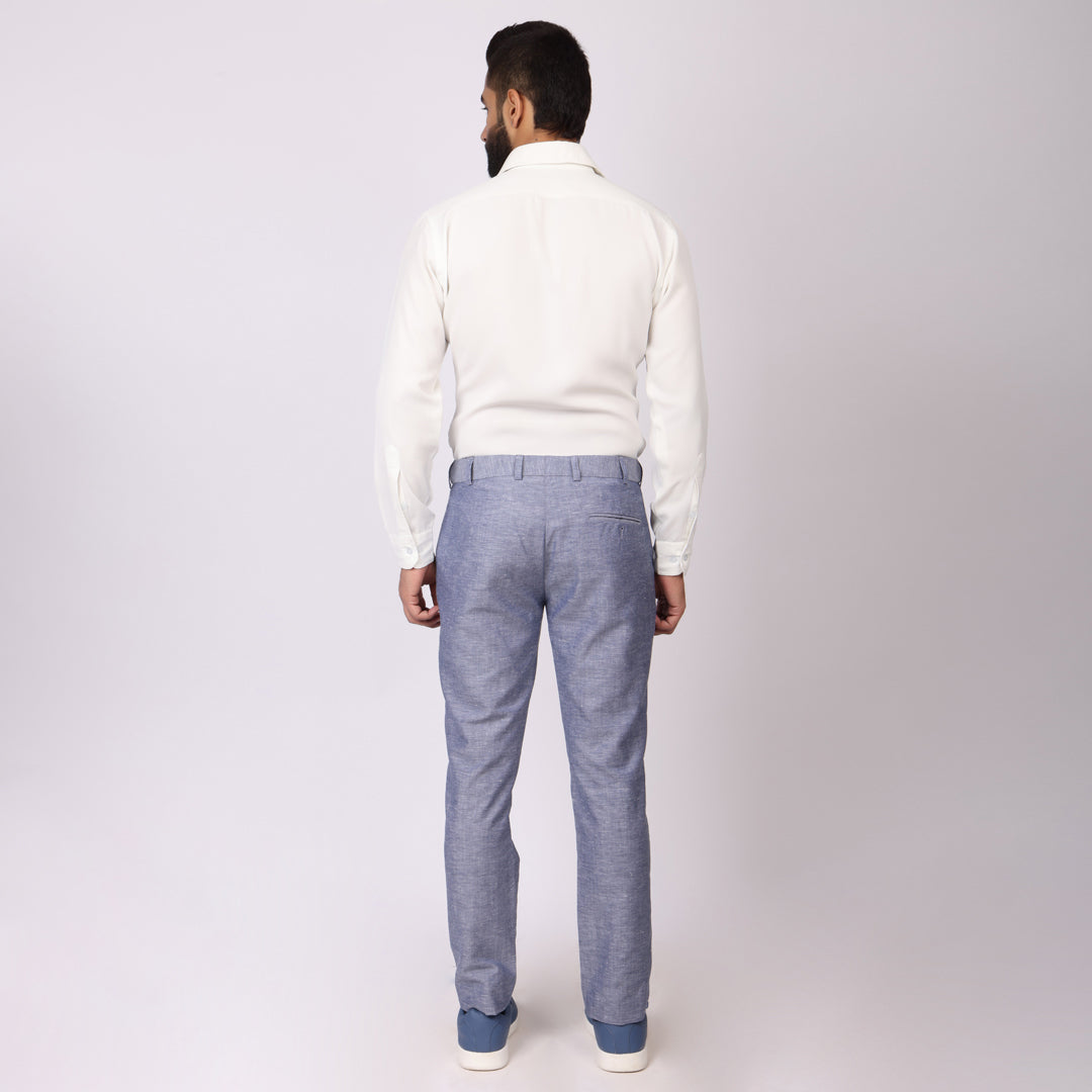Summer Blue Linen Formal Pants – Slim Fit, Light Stretch with Extension Waistband