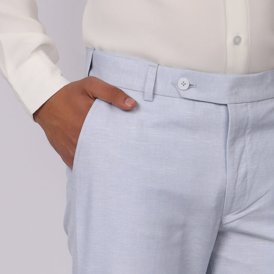 Powder Blue Linen Formal Pants – Slim Fit, Light Stretch with Extension Waistband