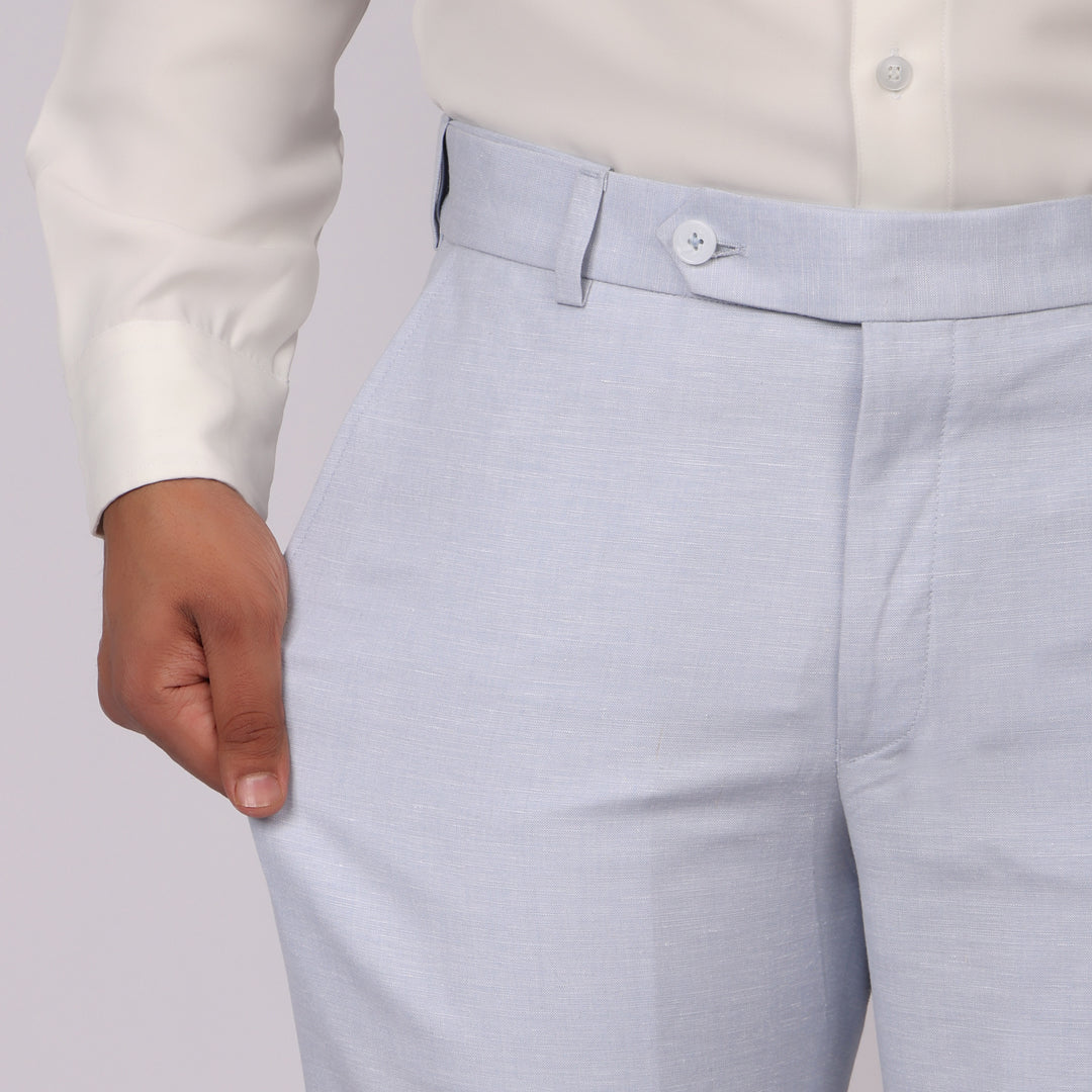 Powder Blue Linen Formal Pants – Slim Fit, Light Stretch with Extension Waistband