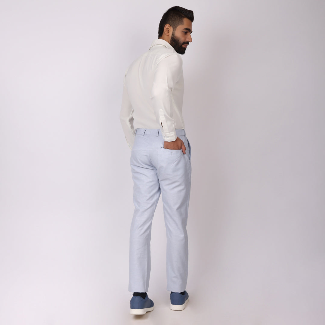 Powder Blue Linen Formal Pants – Slim Fit, Light Stretch with Extension Waistband