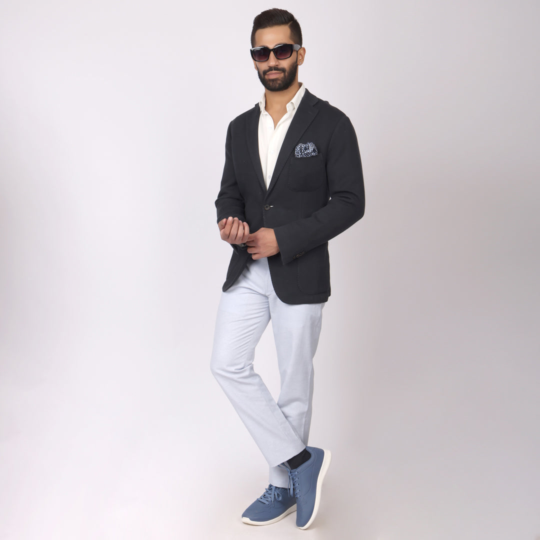 Powder Blue Linen Formal Pants – Slim Fit, Light Stretch with Extension Waistband