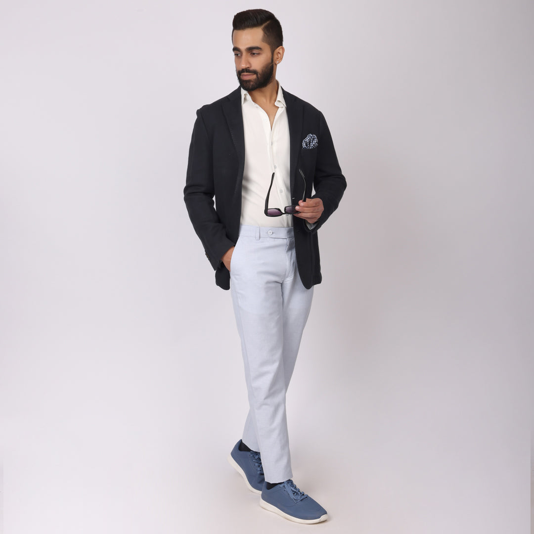 Powder Blue Linen Formal Pants – Slim Fit, Light Stretch with Extension Waistband