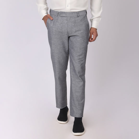 Grey Linen Formal Pants – Slim Fit, Light Stretch with Extension Waistband