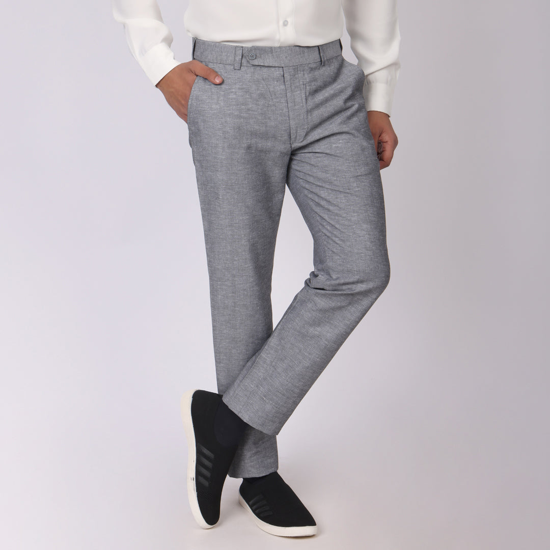 Grey Linen Formal Pants – Slim Fit, Light Stretch with Extension Waistband