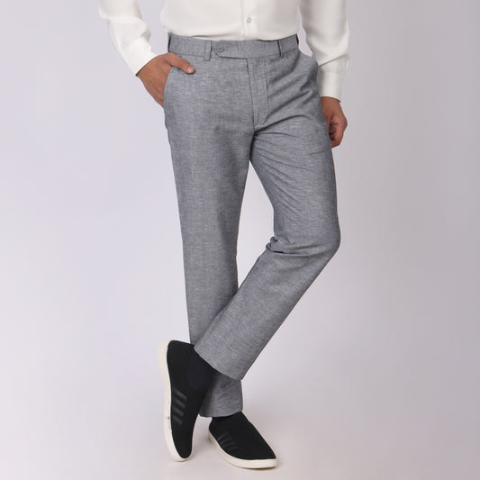 Grey Linen Formal Pants – Slim Fit, Light Stretch with Extension Waistband