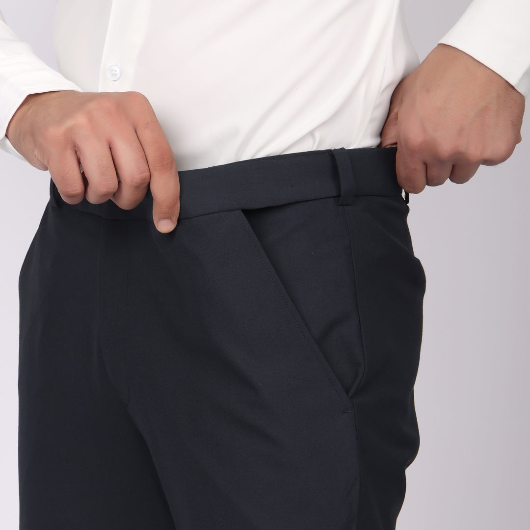 Essential Midnight Blue Formal Pants – Slim Fit, Four-Way Stretch with Extension Waistband