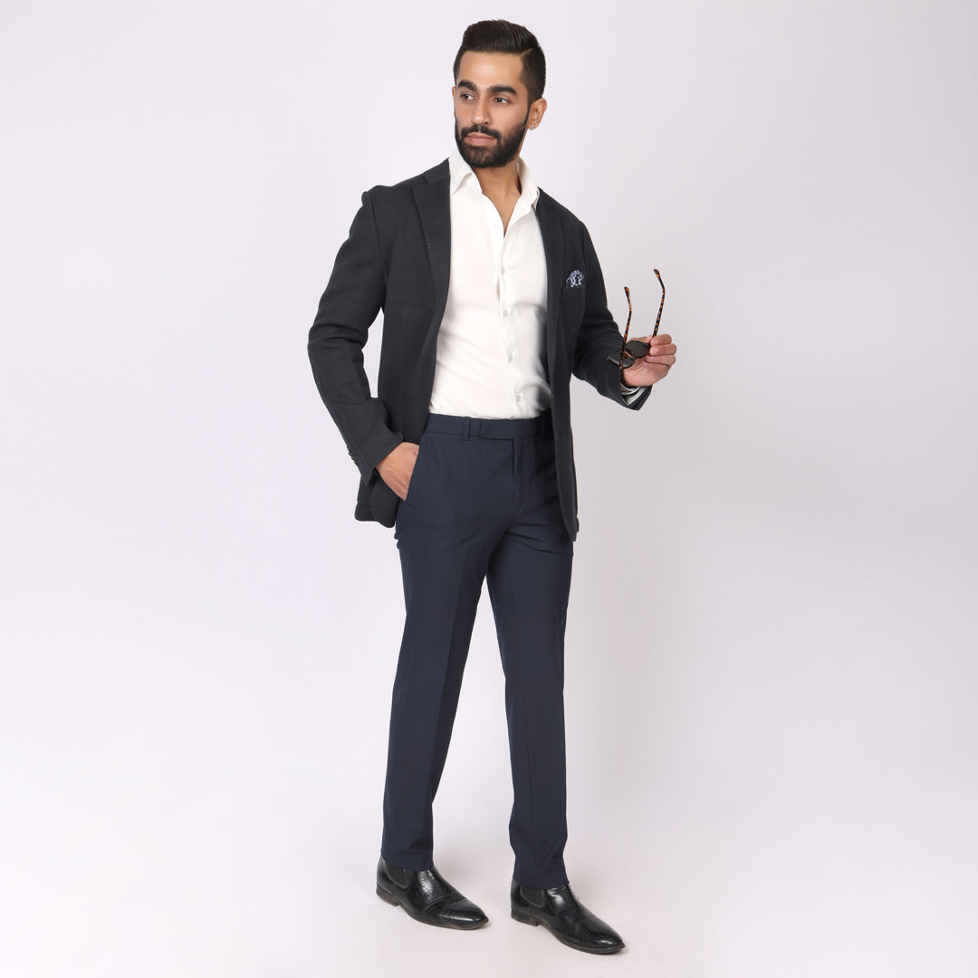 Essential Deep Blue Formal Pants – Slim Fit, Four-Way Stretch with Extension Waistband