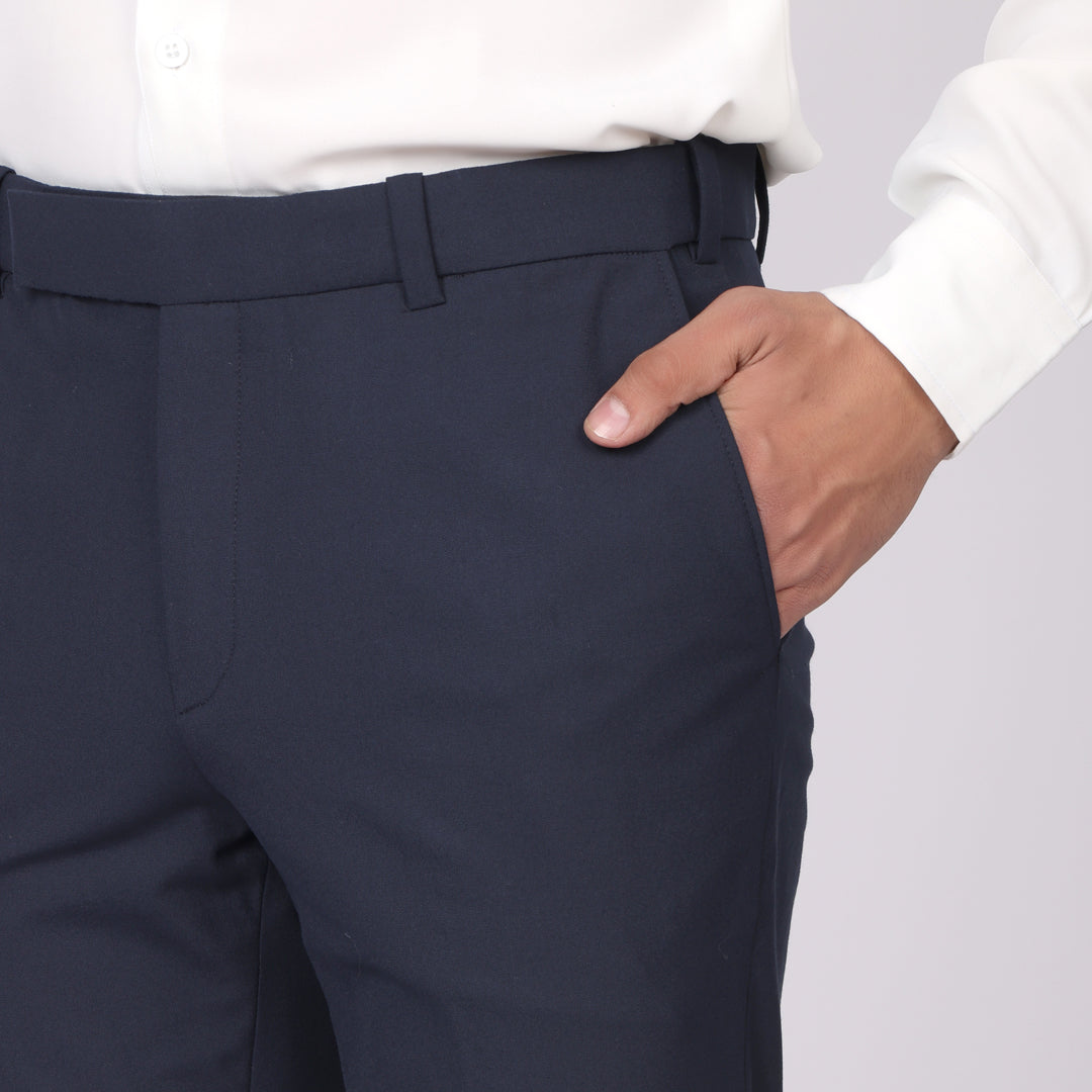 Essential Deep Blue Formal Pants – Slim Fit, Four-Way Stretch with Extension Waistband