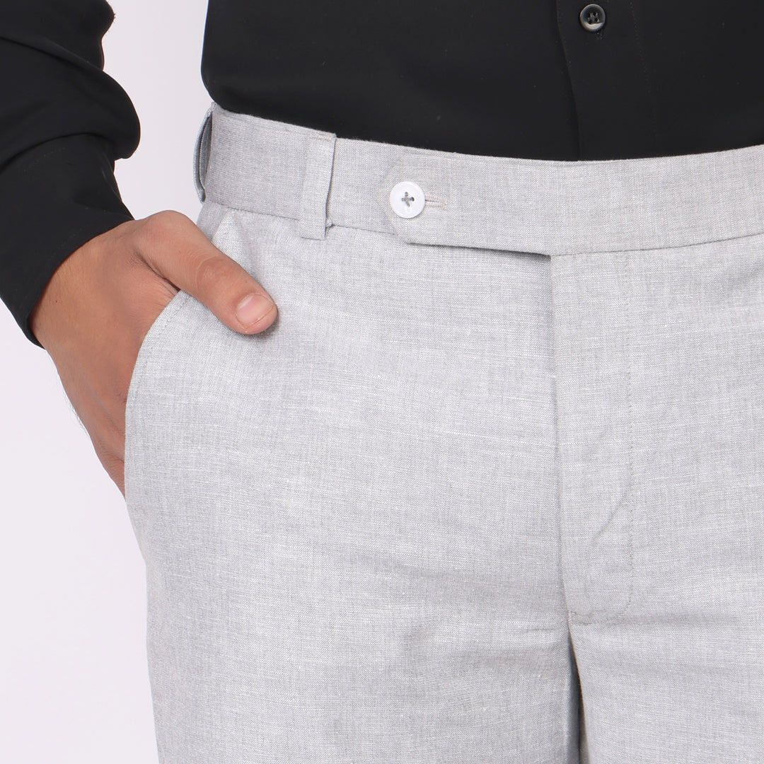 Summer Grey Linen Formal Pants – Slim Fit, Light Stretch with Extension Waistband