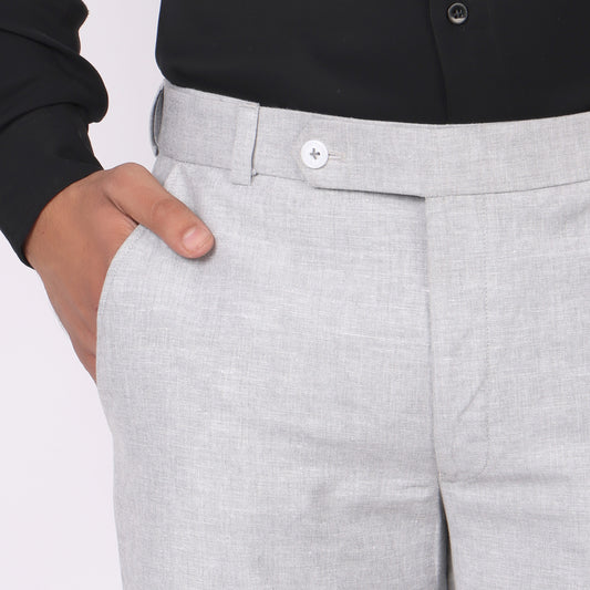 Summer Grey Linen Formal Pants – Slim Fit, Light Stretch with Extension Waistband