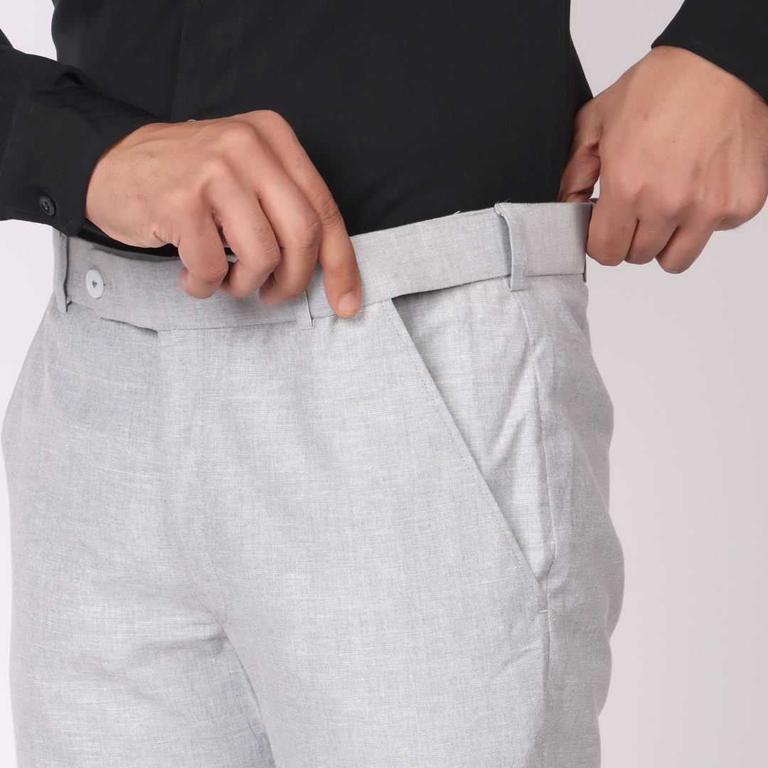 Summer Grey Linen Formal Pants – Slim Fit, Light Stretch with Extension Waistband