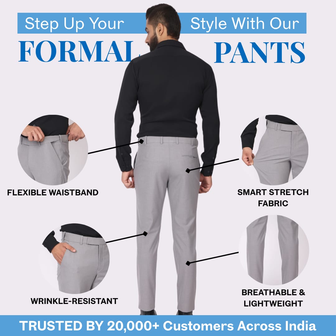 Essential Smoke Grey Formal Pants – Slim Fit, Four-Way Stretch with Extension Waistband