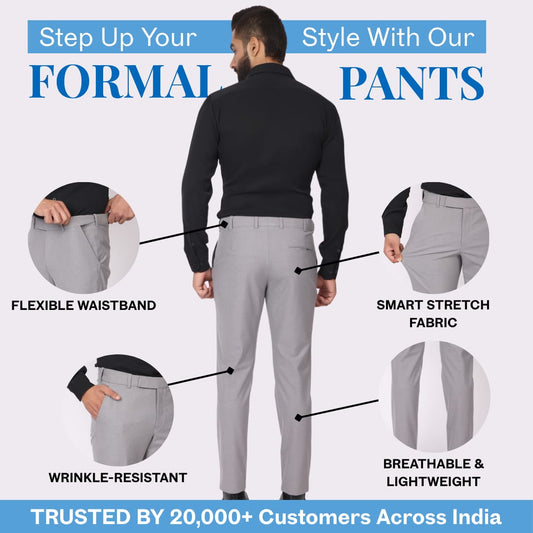 Essential Smoke Grey Formal Pants – Slim Fit, Four-Way Stretch with Extension Waistband