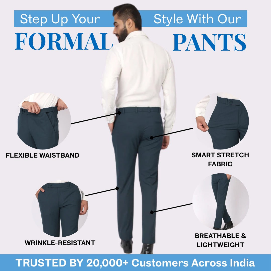 Evening Teal Formal Pants – Slim Fit, Four-Way Stretch with Extension Waistband